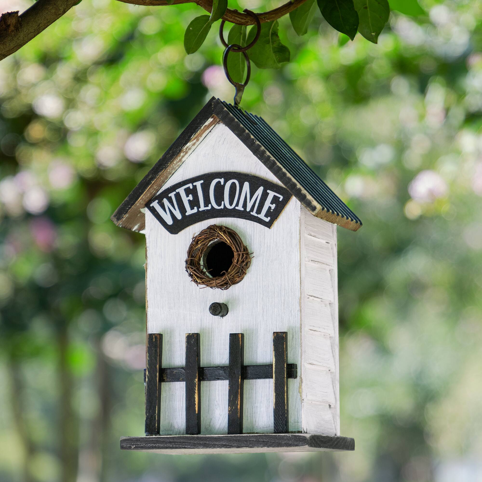 Glitzhome® 11" Washed White Solid Wood Fence Outdoor Garden Birdhouse